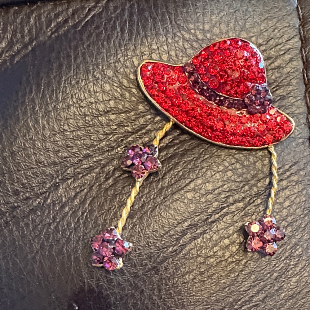 Red Hat Society Crystal Hat Brooch with Purple Floral Dangles - Women Jewelry